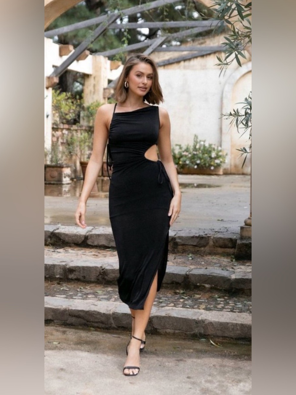 Petal & Pup NEW Andean Side Cutout Mesh Cocktail Midi Dress in Black Size S